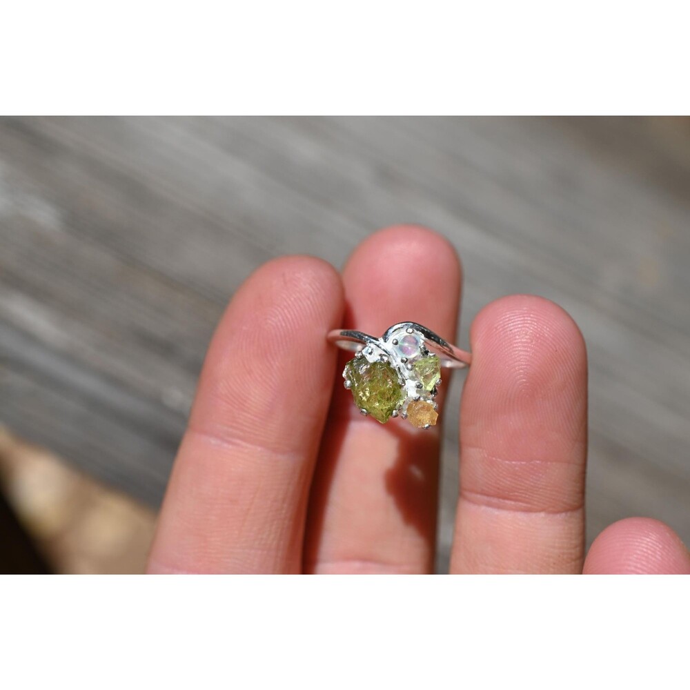 Engagement ring Peridot, Opal & Yellow Montana Sapphire Ring in Sterling Silver